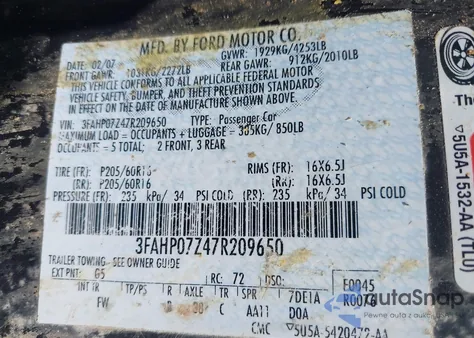 2007 Ford Fusion Se z USA, uszkodzony, nr VIN 3FAHP07Z47R209650